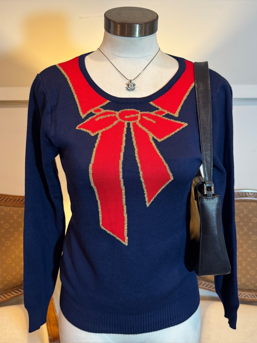 Vintage Cache Navy Blue Knit Sweater with Red Bow Accent Sz S Christmas Holiday